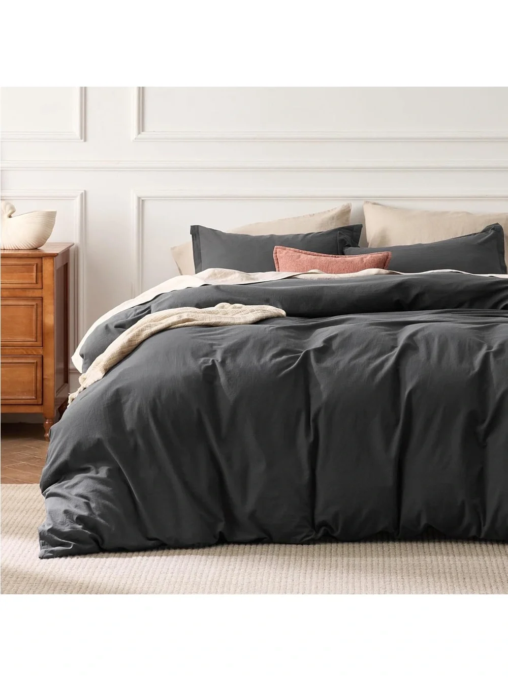 NEW Bedsure 100% Washed Cotton Duvet Cover Set. Linen Like. Charcoal. King